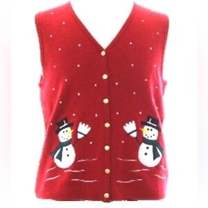 Vintage Ugly Christmas Sweater Vest Cardigan Snowman Embroidered Red White XL